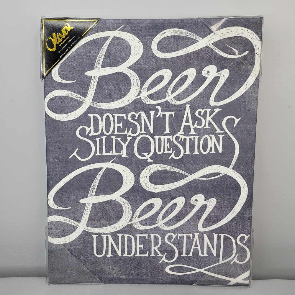 Blue-Gray Canvas Wall Art With Funny Beer Text 14" x 11" x 1.5"